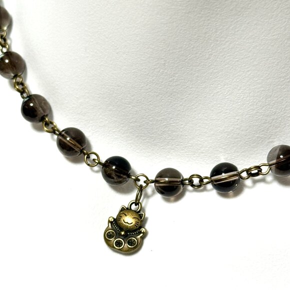 Natural Smoky Quartz Short Necklace, Genuine Gemstone + Cute Bronze Fortune Cat - Picture 1 of 14
